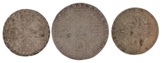 Three George III silver 1787 coins comprising shilling and two sixpences : For further information