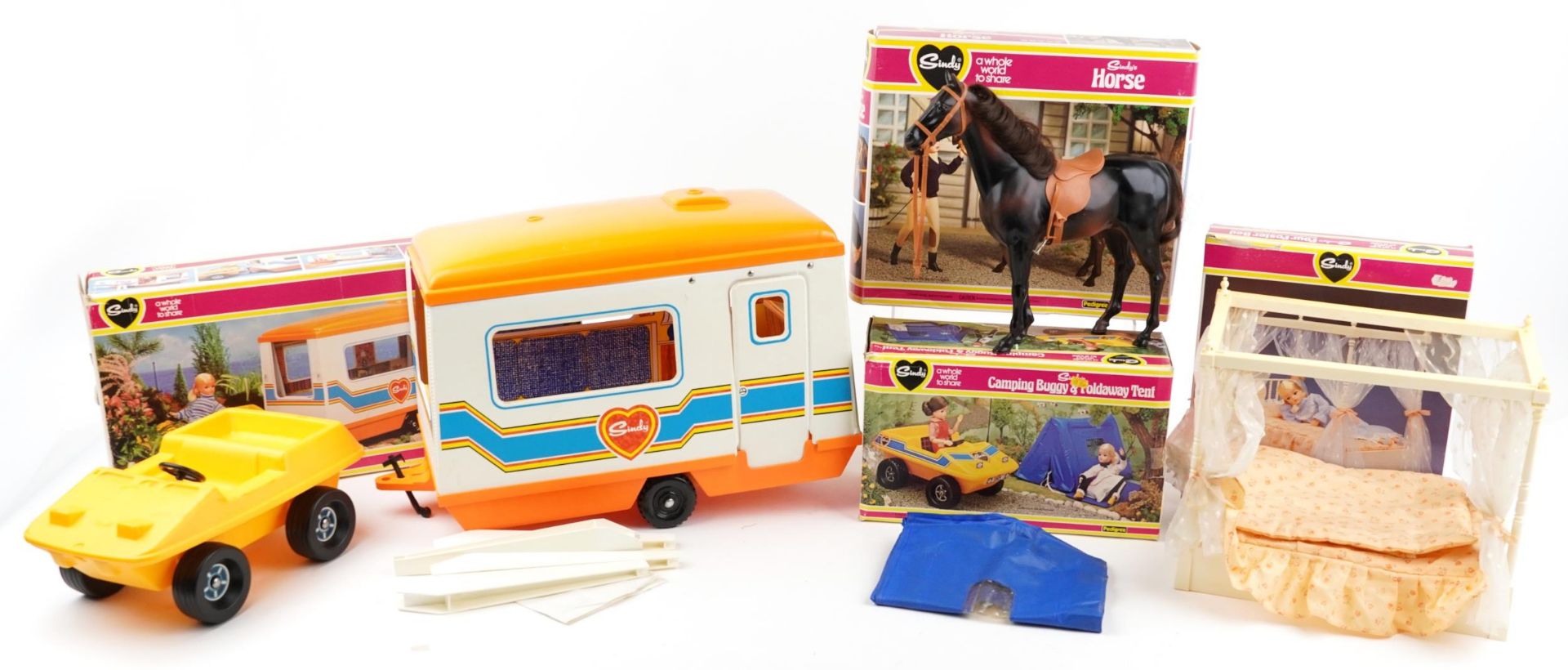 Vintage Sindy accessories by Pedigree with boxes comprising camping buggy and foldaway tent, four