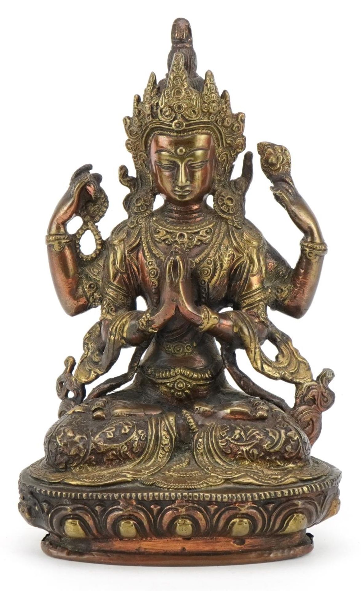 Chino Tibetan partially gilt patinated bronze figure of seated Buddha, 21cm high : For further