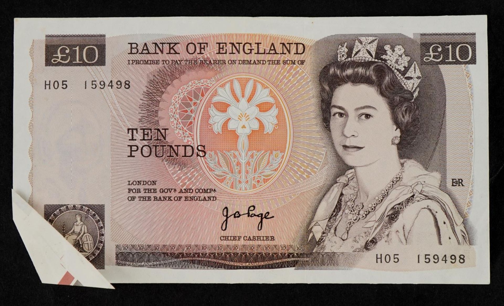 Bank of England Elizabeth II ten pound banknote with cutting error, J B Page Chief Cashier, serial - Bild 3 aus 4