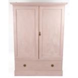 Antique shabby chic linen fold wardrobe with ornate brass mounts and base drawer, 84cm H x 133.5cm W