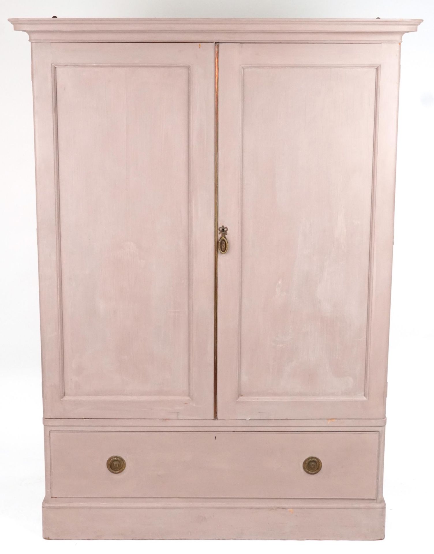 Antique shabby chic linen fold wardrobe with ornate brass mounts and base drawer, 84cm H x 133.5cm W