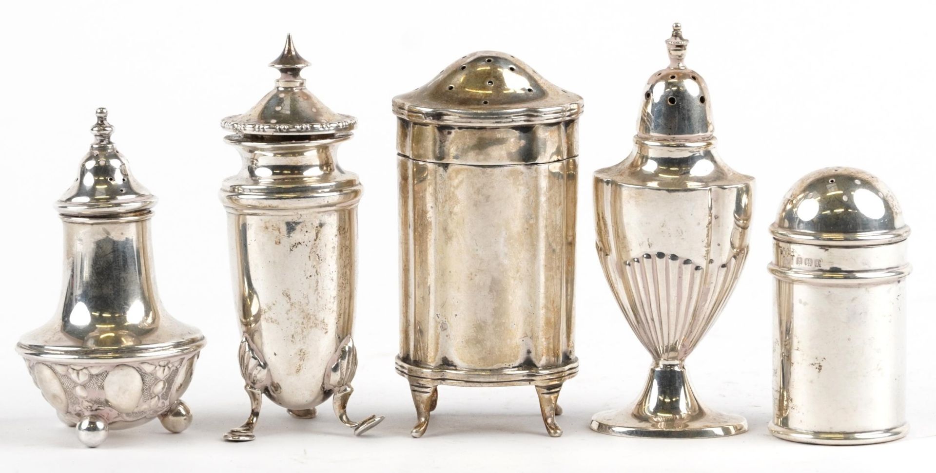 Five Edwardian and later silver casters including Walker & Hall, the largest 8.5cm high, total 178. - Image 2 of 8