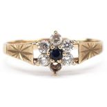 9ct gold sapphire and cubic zirconia flower head ring with engraved shoulders, size P, 1.3g : For