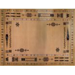 Rectangular Aztec style beige ground rug having and allover repeat design, 300cm x 202cm : For