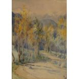 Ione Burrows 1927 - Path through woodland before Swiss Alps, early 20th century watercolour,