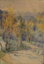 Ione Burrows 1927 - Path through woodland before Swiss Alps, early 20th century watercolour,