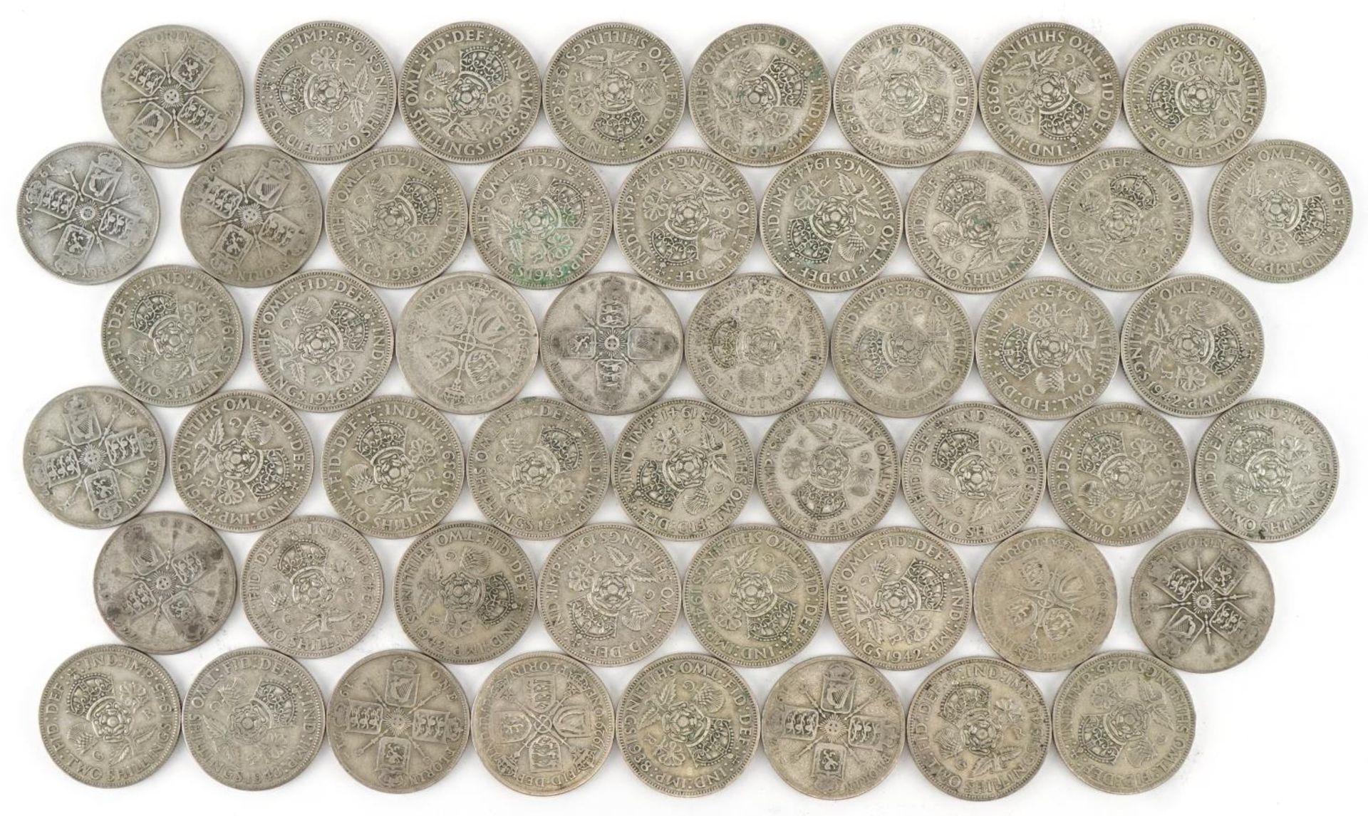Collection of British pre decimal, pre 1947 two shillings and florins, 556g : For further