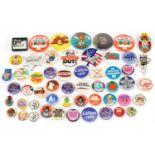 Collection of vintage and later pin badges including I'm Your Flexible Friend, I Boarded HMS