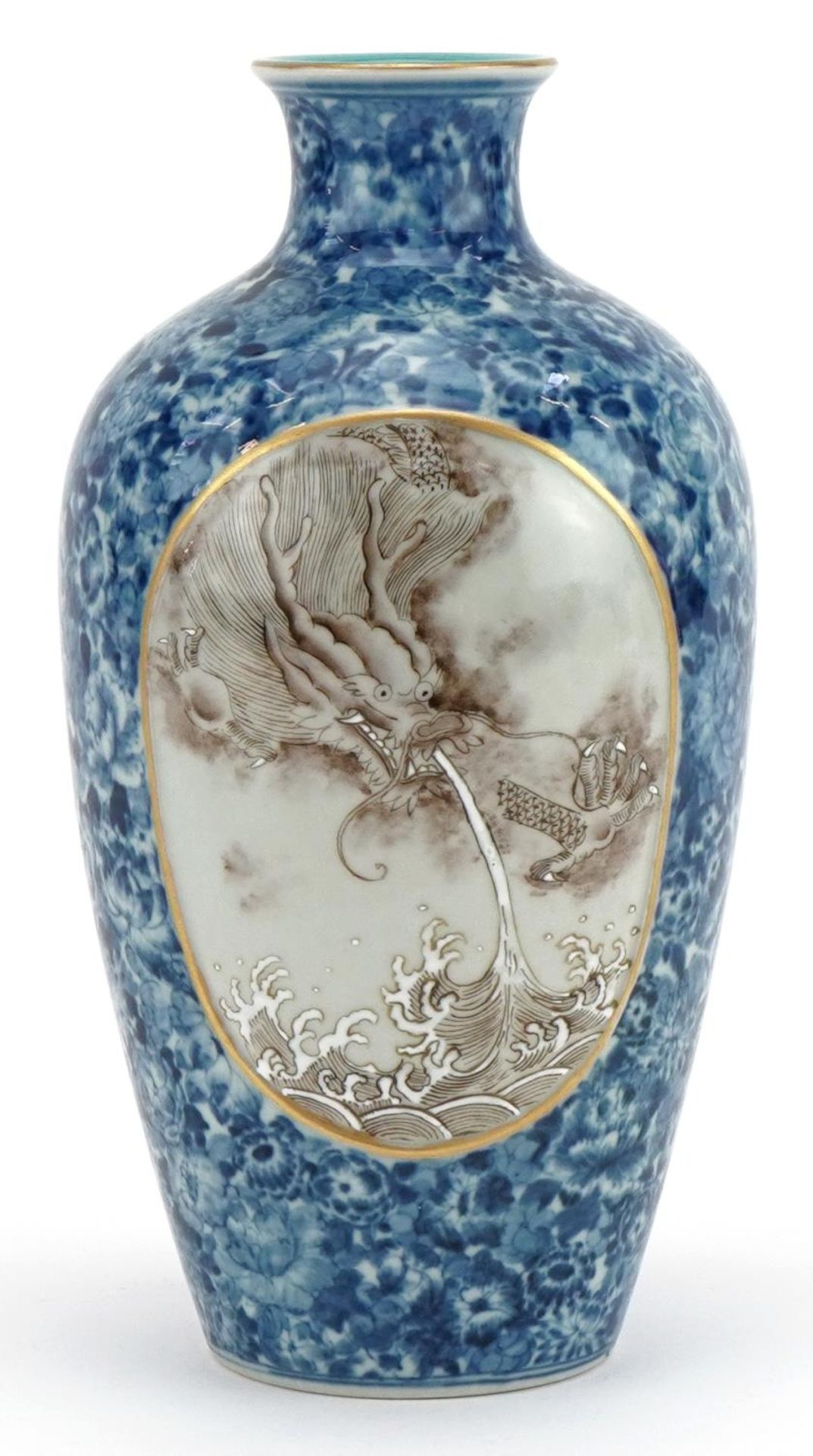 Chinese blue and white porcelain vase with two en grisaille panels hand painted with dragons, six - Image 3 of 7