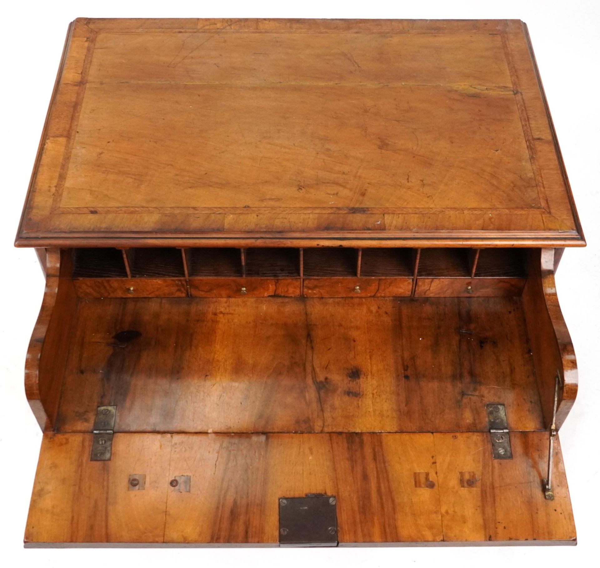 Antique figured walnut cross and feather banded kneehole secretaire desk fitted with an - Image 3 of 5