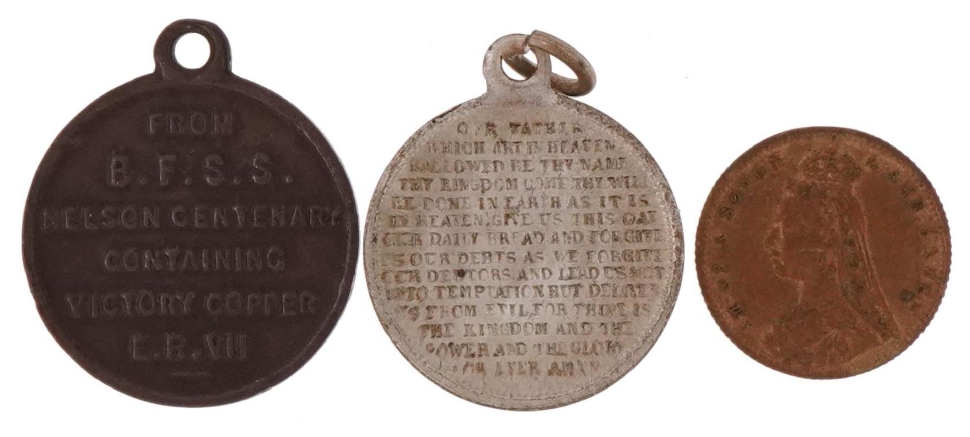 Two commemorative medallions and a coin including naval interest Nelson's Centenary containing - Image 2 of 2