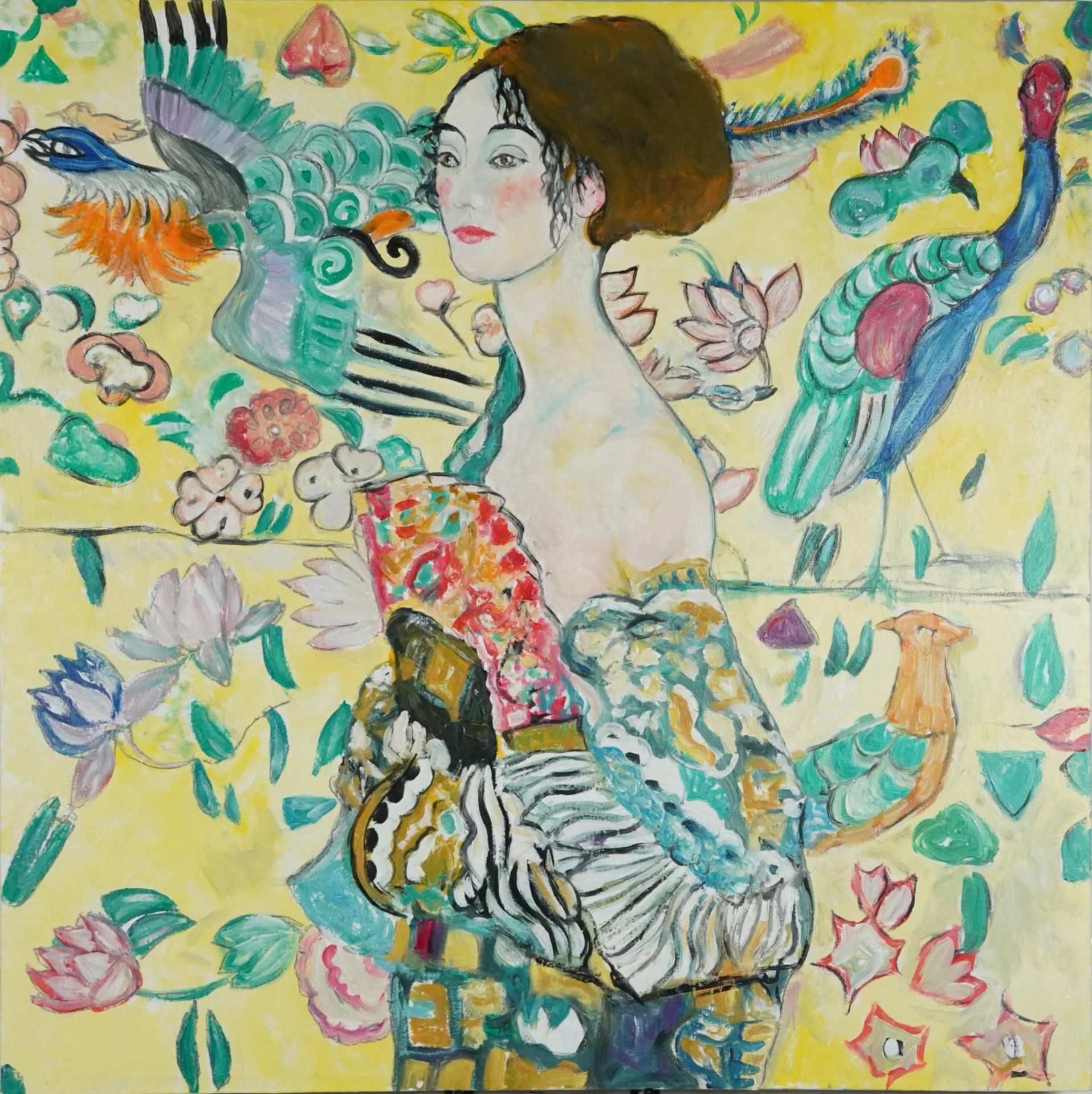 Clive Fredriksson - Portrait of a female with birds of Paradise and flowers, contemporary oil on