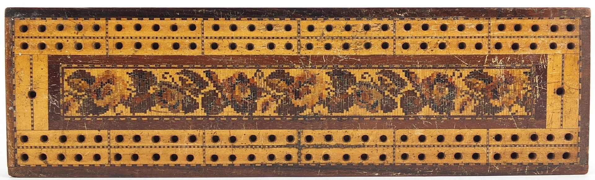 Victorian Tunbridge Ware cribbage board with floral inlay, 25cm x 7cm : For further information on - Image 2 of 4