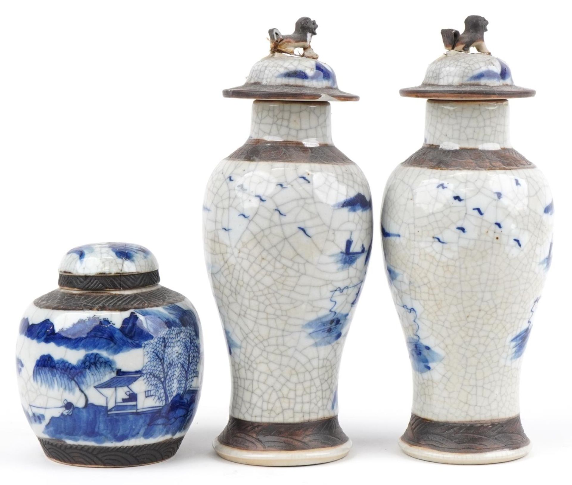 Chinese blue and white crackle glaze porcelain including a pair of lidded baluster vases hand - Bild 4 aus 7