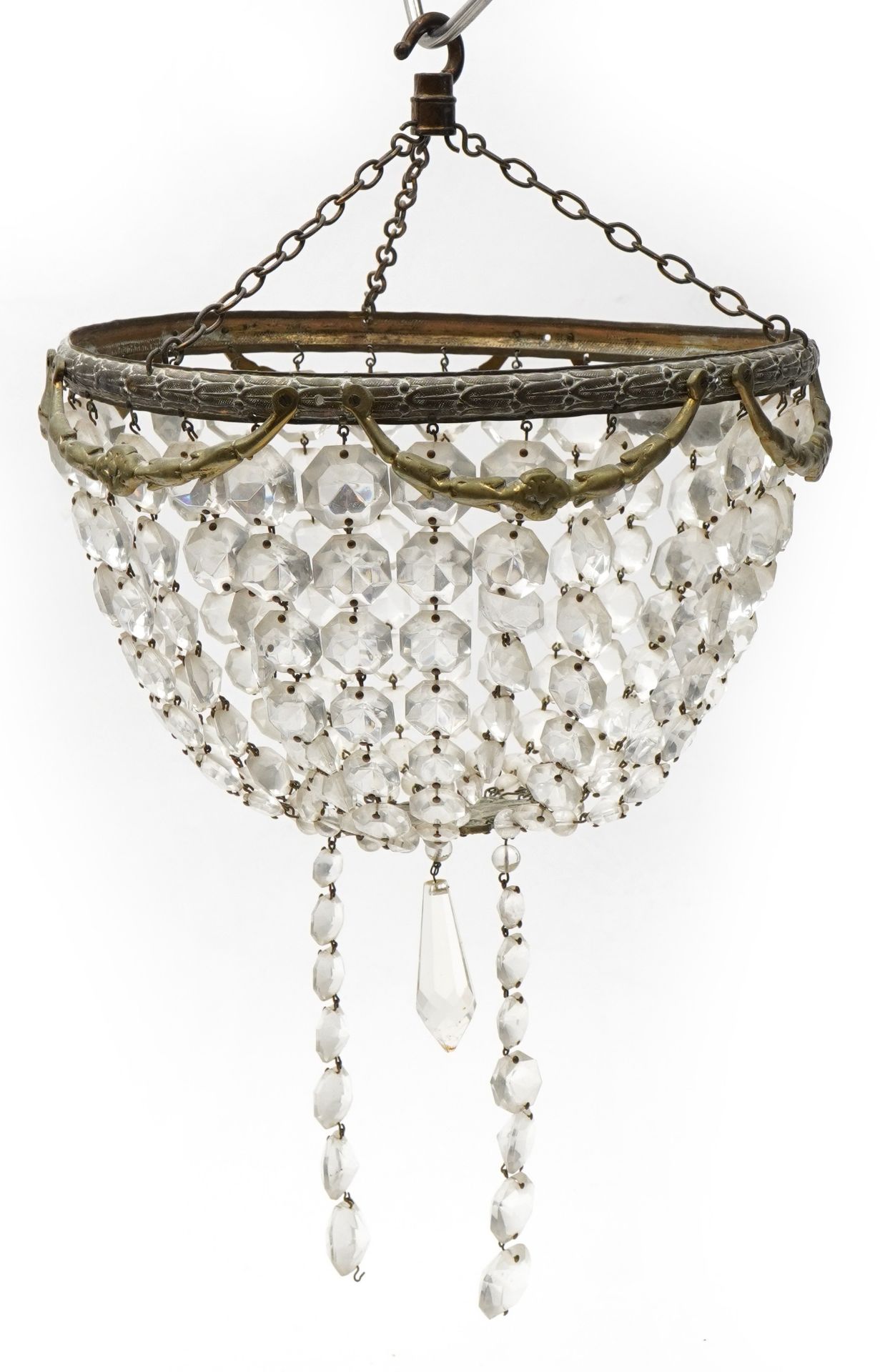 Two brass bag chandeliers with cut glass drops, the largest 26cm in diameter : For further - Image 2 of 6