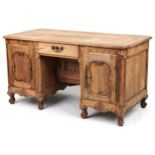 Provincial French fruit wood desk fitted with two cupboard doors and a drawer, 75cm high x 141.5cm W