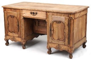 Provincial French fruit wood desk fitted with two cupboard doors and a drawer, 75cm high x 141.5cm W