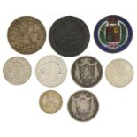 George III and later British coinage including Victoria Young Head 1847 enamelled crown brooch,