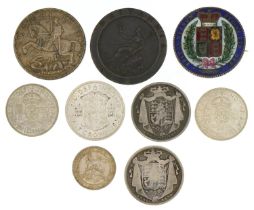 George III and later British coinage including Victoria Young Head 1847 enamelled crown brooch,
