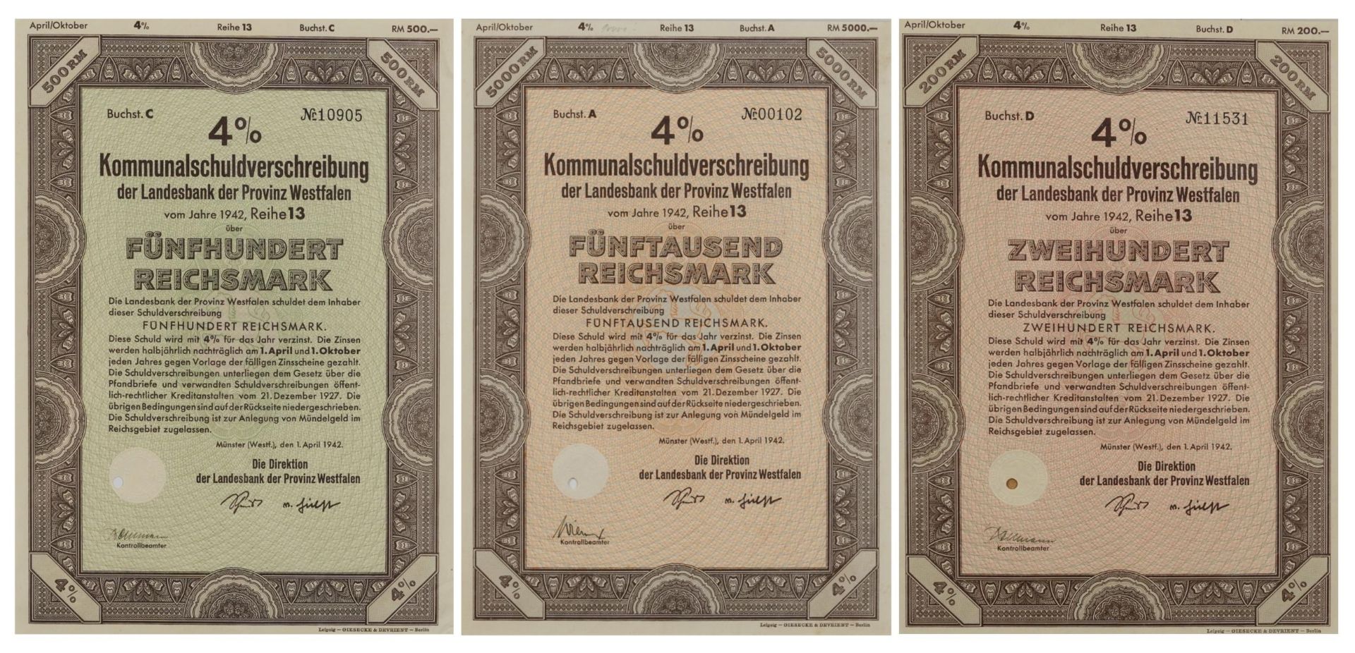 Three 1940s German share certificates, each mounted, framed and glazed, each approximately 29cm x