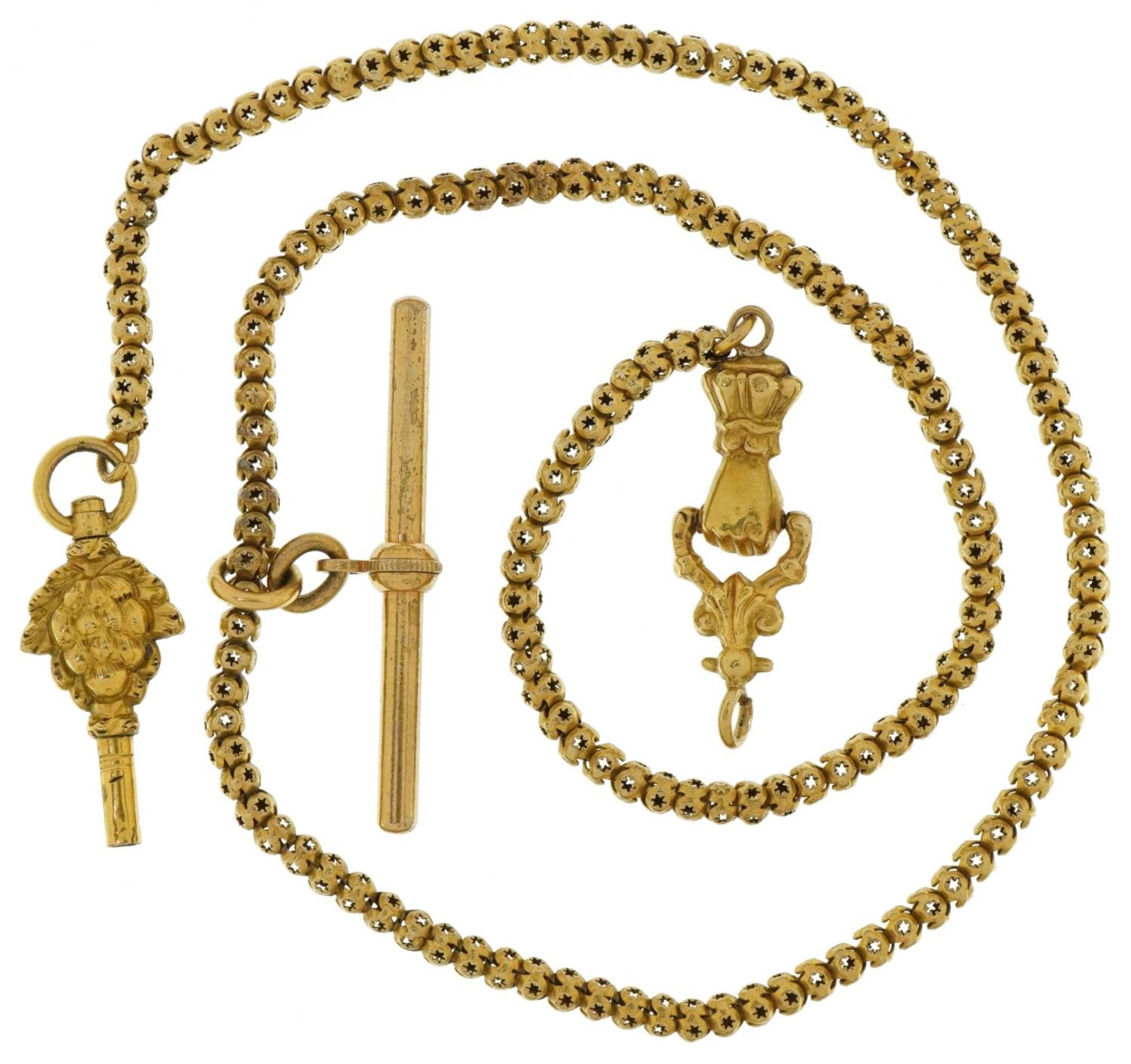 Antique unmarked gold and yellow metal ball link watch chain with hand design clasp and T bar, the