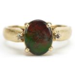 14ct gold opal and diamond three stone ring, size L, 3.7g : For further information on this lot