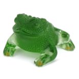 Lalique, French frosted green glass Gregory toad paperweight with label, etched Lalique France, 10.