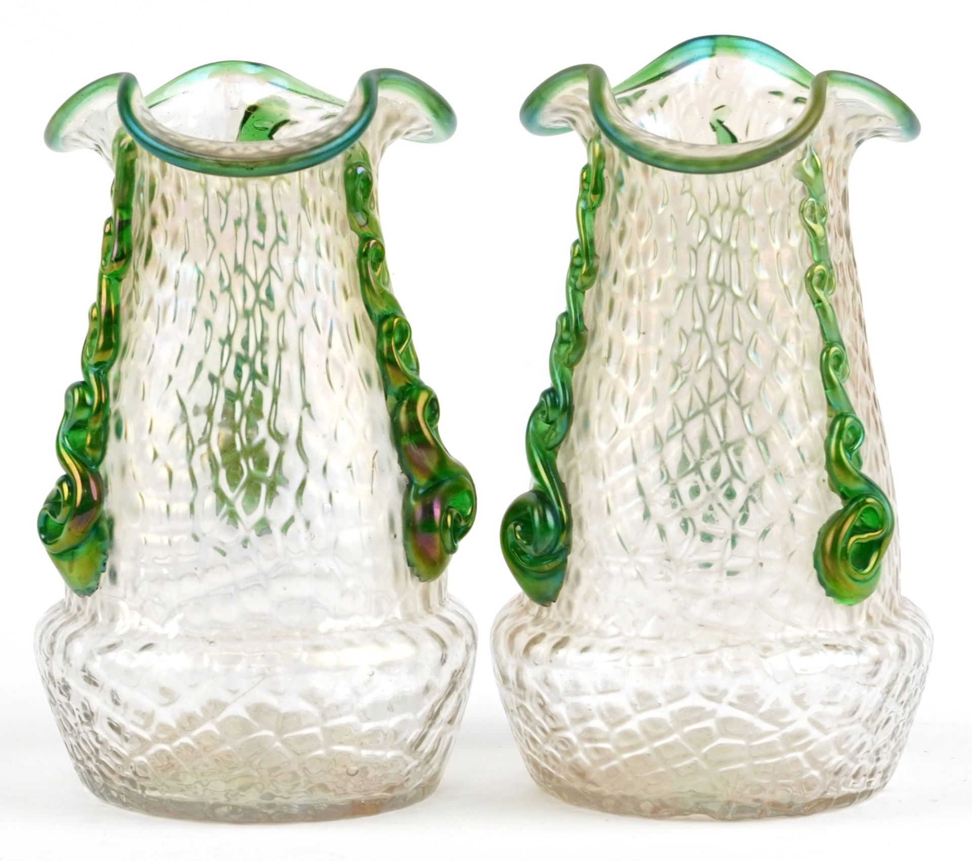 Loetz, pair of Bohemian Martele iridescent glass vases with handles, each 16.5cm high : For - Bild 2 aus 4