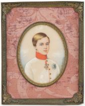Imperial Russian oval hand painted portrait miniature onto ivory of young Franz Joseph, Emperor of