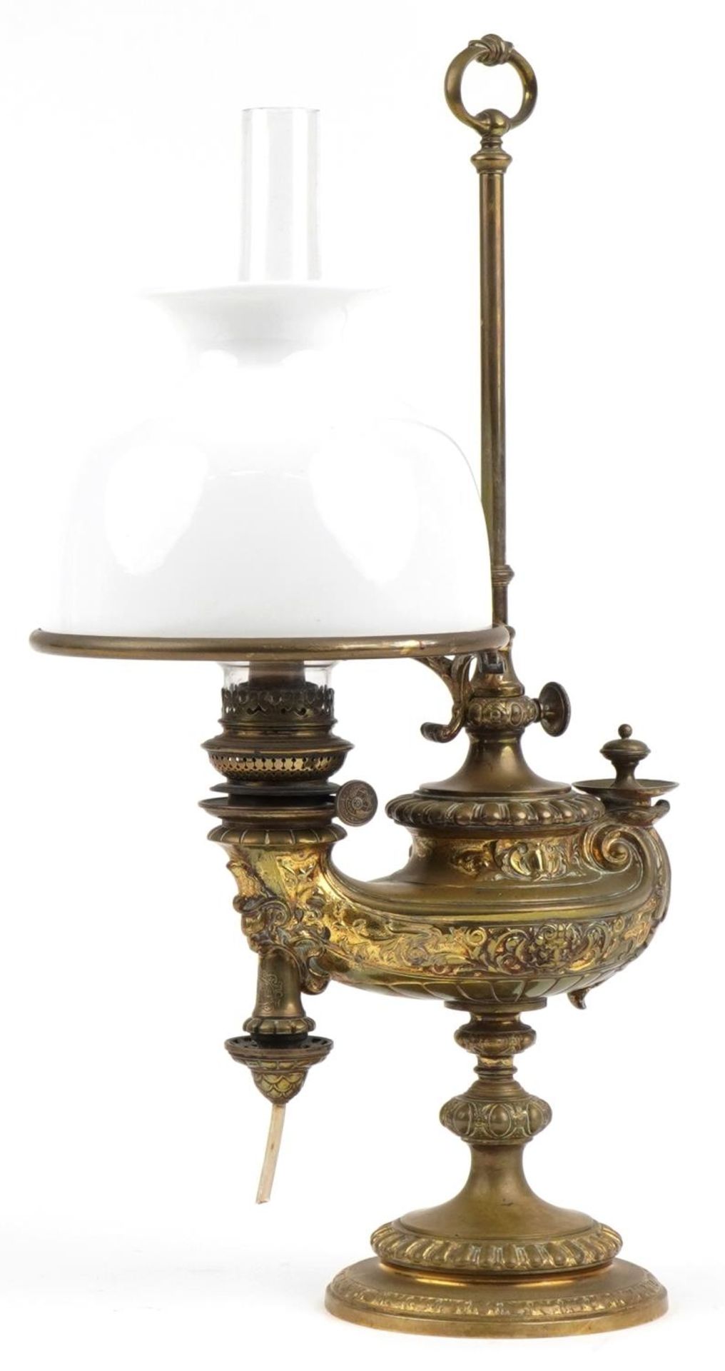 Wild & Wessel of Berlin, 19th century German adjustable brass studen oil lamp with white opaque