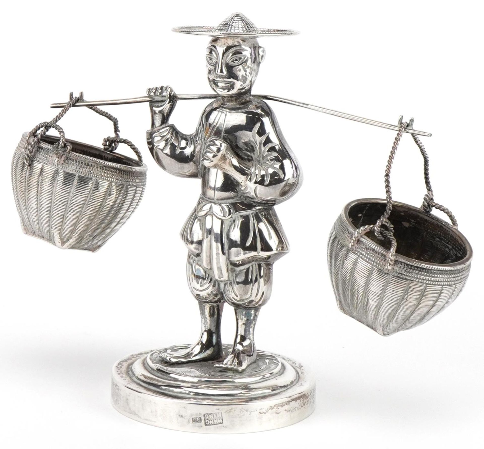 Wang Hing, Chinese export silver cruet in the form of a Chinaman carrying baskets, 10.5cm high, - Image 2 of 8