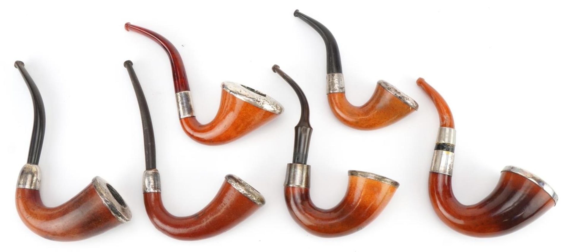 Six vintage silver mounted Meerschaum Calabash tobacco smoking pipes, the largest 17.5cm high : - Image 2 of 6