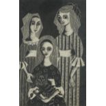 Three females in an interior, mixed media on board, inscribed Judy Ward verso, mounted, framed and