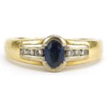 18ct gold sapphire and diamond seven stone ring, total diamond weight approximately 0.11 carat, size