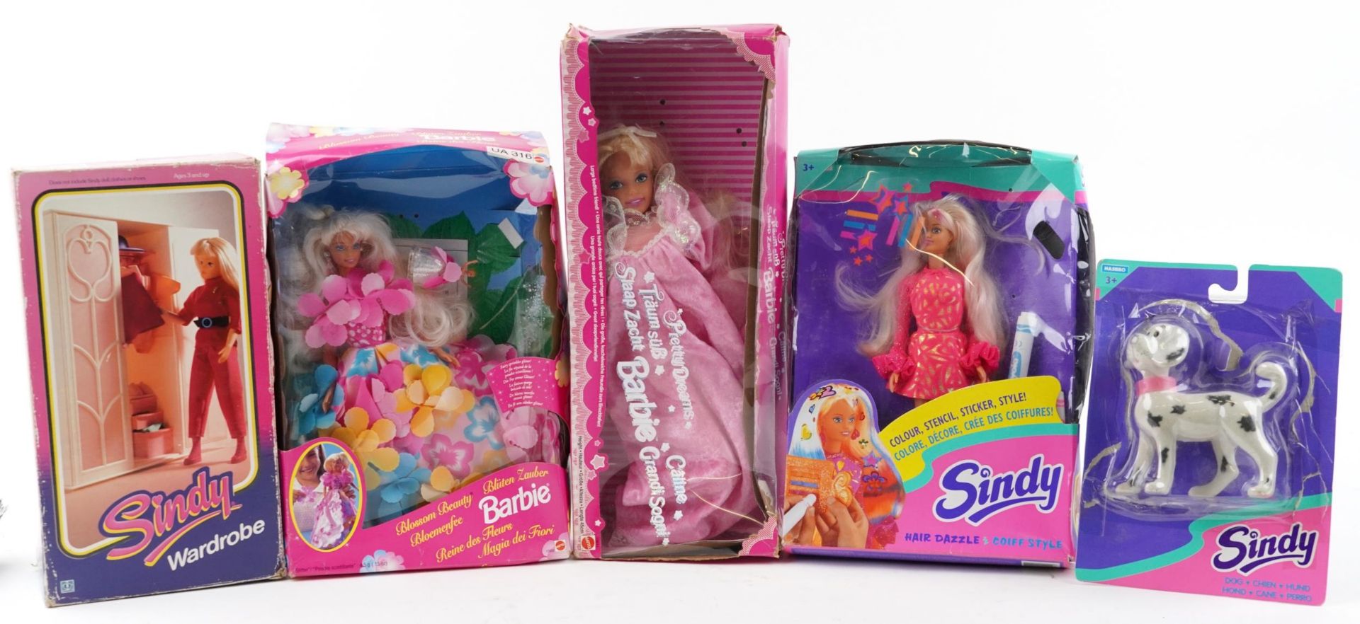Vintage Barbie and Sindy toys with boxes by Mattel and Hasbro including Sindy Wardrobe, Blossom