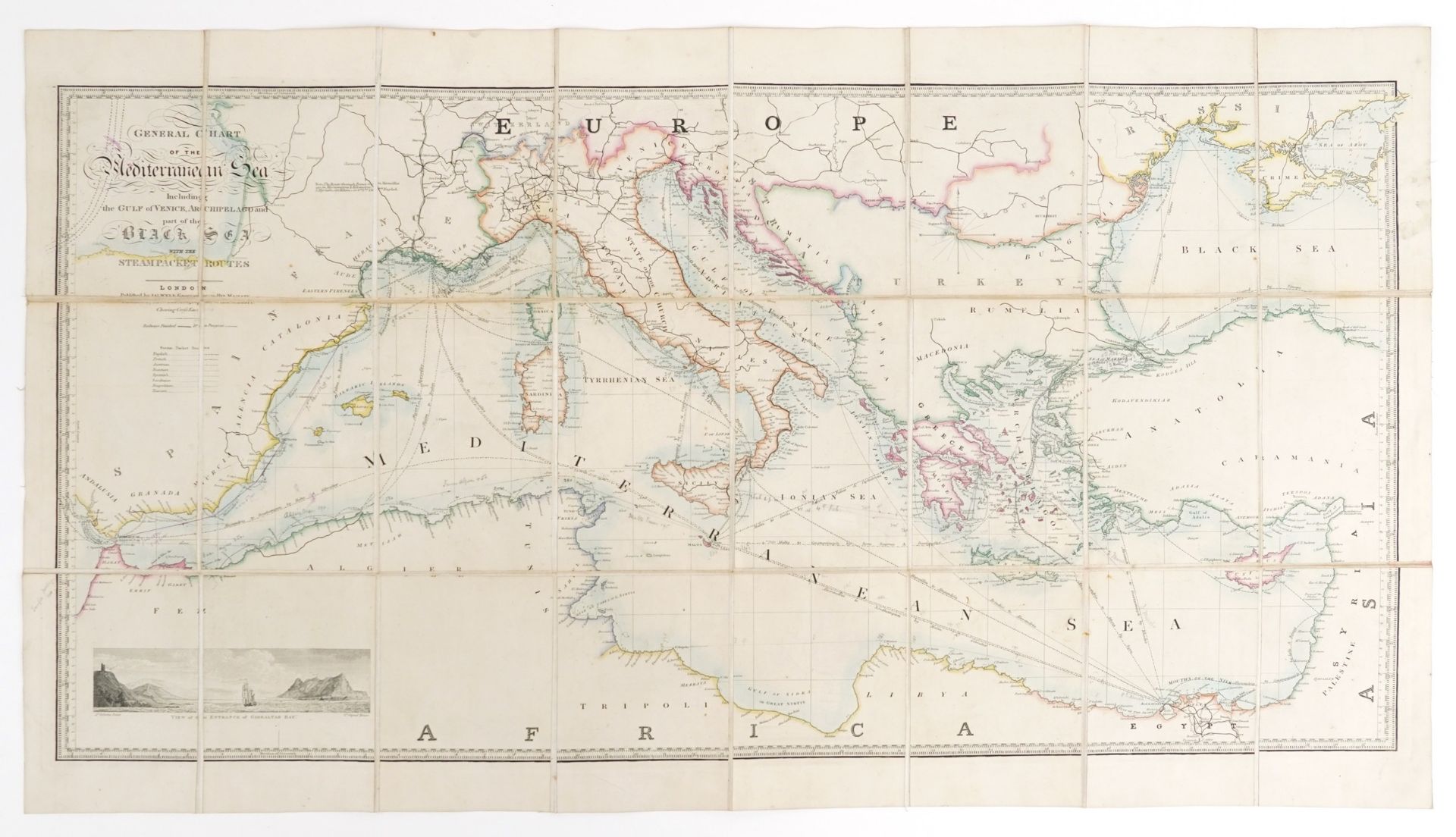 General Chart of The Mediterranean Sea, Mid 19th century canvas backed folding map published by