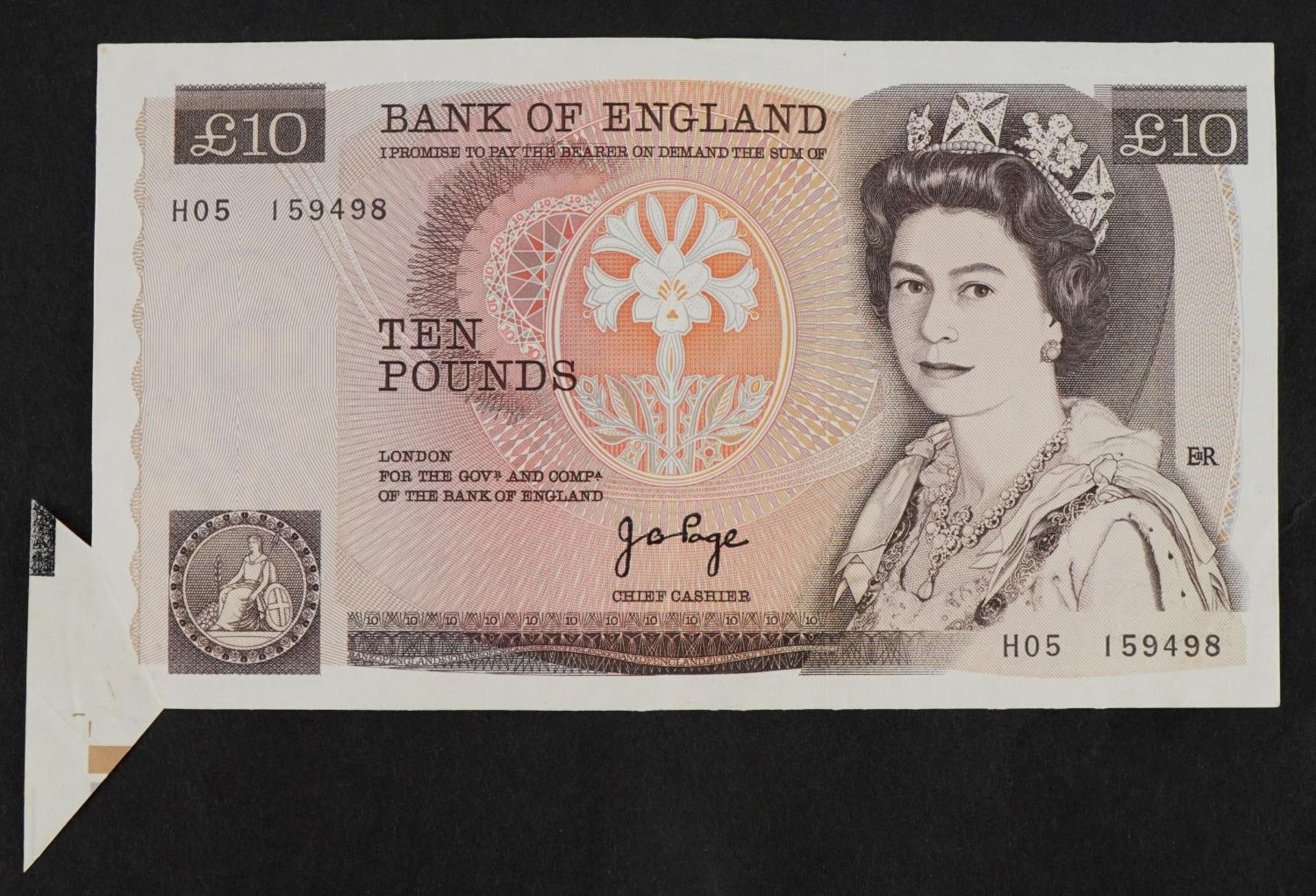 Bank of England Elizabeth II ten pound banknote with cutting error, J B Page Chief Cashier, serial