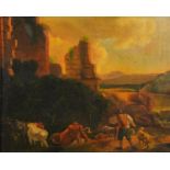 Farm with cattle before ruins, continental school oil, mounted and framed, 66.5cm x 54cm excluding