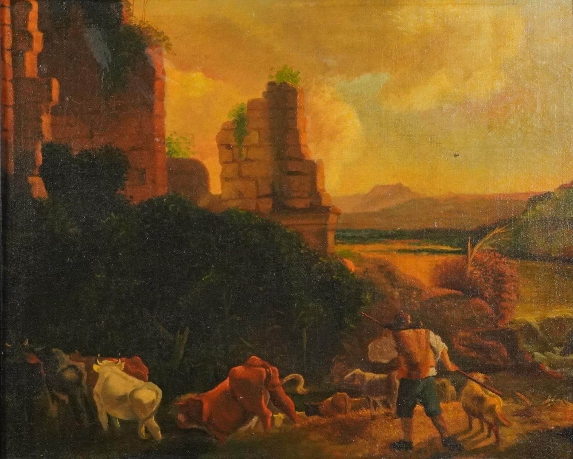 Farm with cattle before ruins, continental school oil, mounted and framed, 66.5cm x 54cm excluding