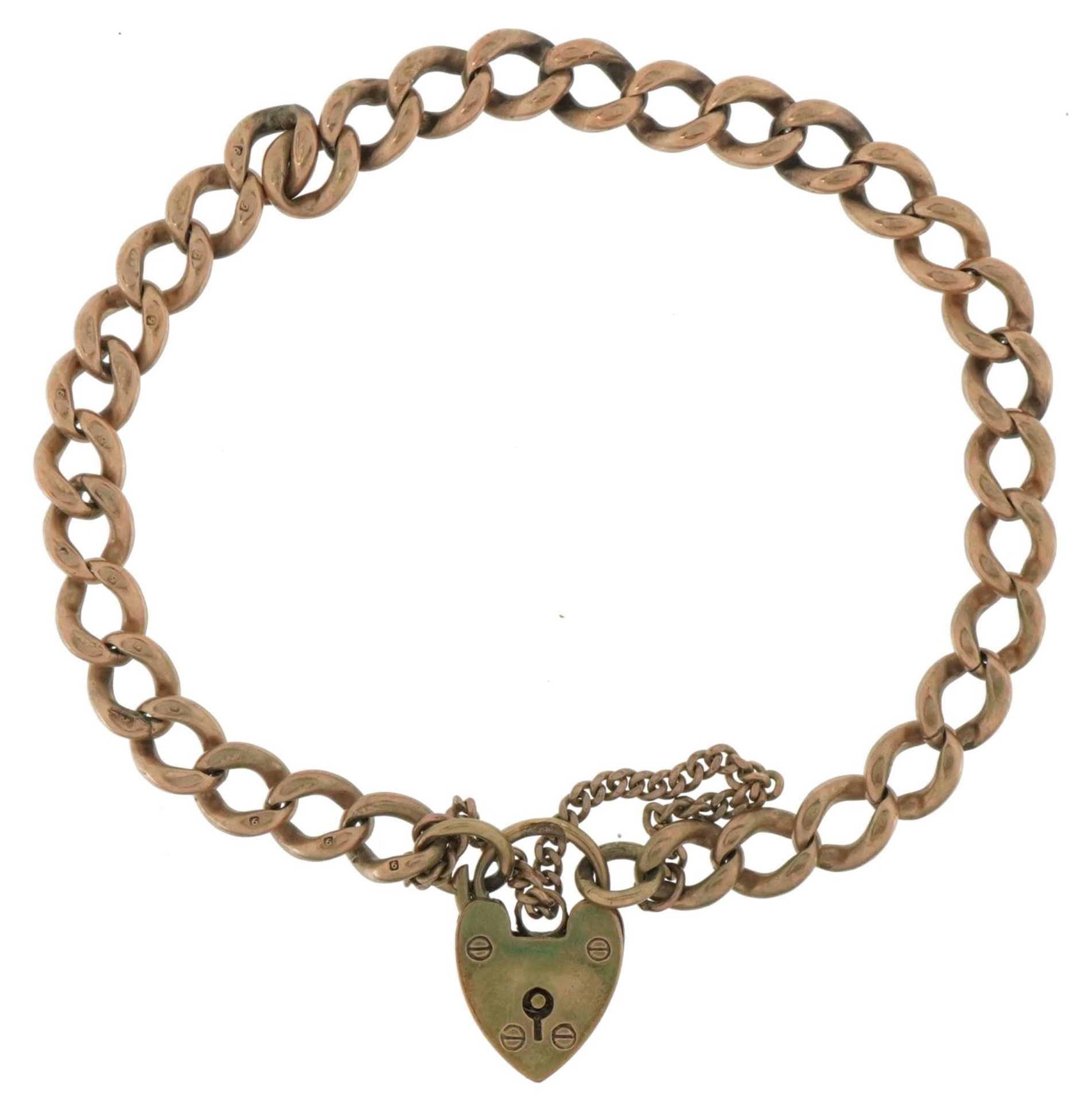 9ct rose gold bracelet with 9ct gold love heart padlock 18cm in length, 17.0g : For further