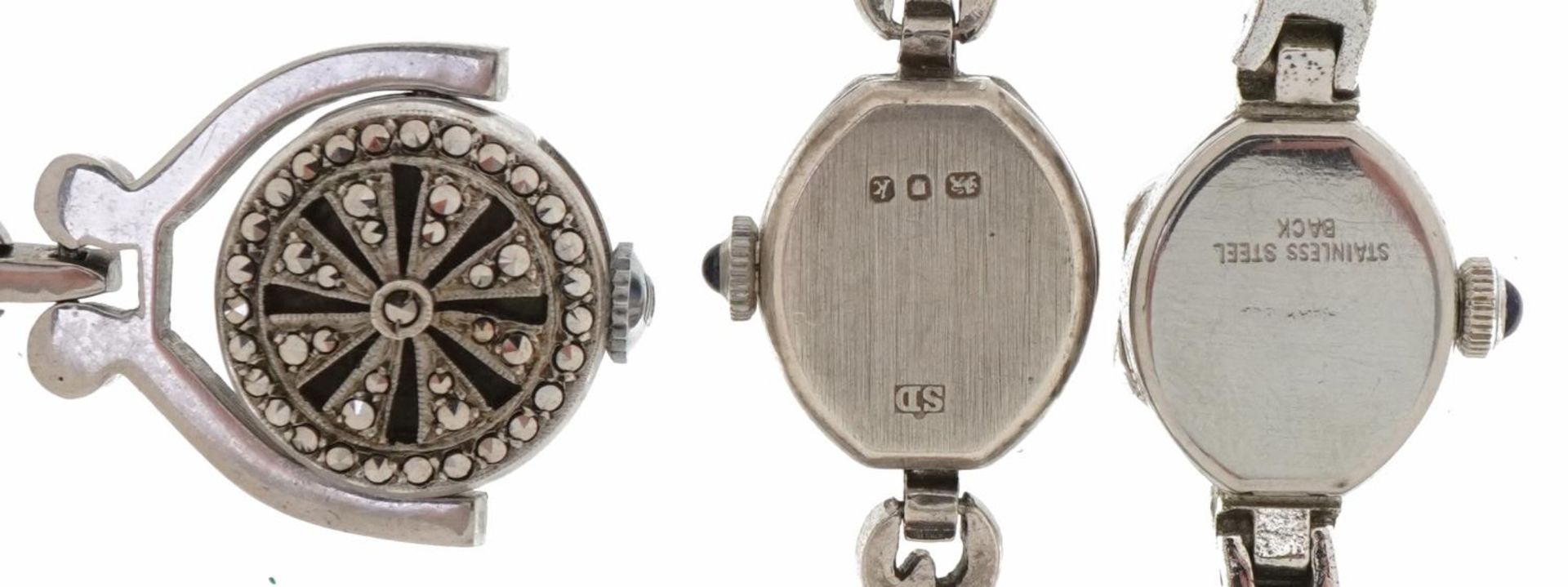 Three ladies silver marcasite watches comprising two Rotary wristwatches and a Bucherer fob watch, - Bild 4 aus 5