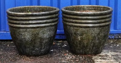 Pair of garden stoneware green glazed planters, each 33cm high x 37cm in diameter : For further
