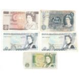 Five Bank of England banknotes comprising ten pound with Chief Cashier G M Gill, three five pounds