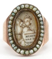 George III unmarked gold and seed pearl mourning ring hand painted with a young female and a