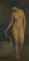 Leda and the Swan, Pre-Raphaelite oil on canvas, mounted and framed, 59.5cm x 29cm excluding the