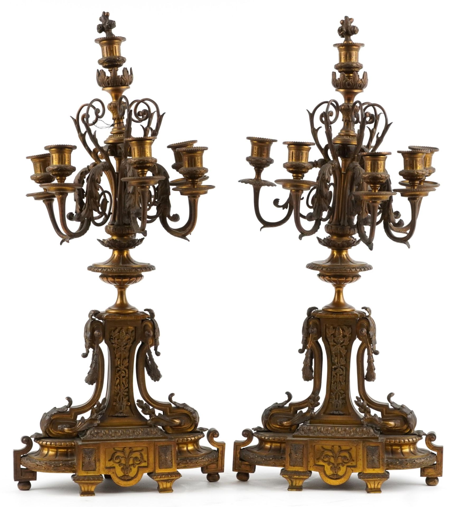 Large pair of 19th century French ormolu seven branch candelabras with urn supports and acanthus