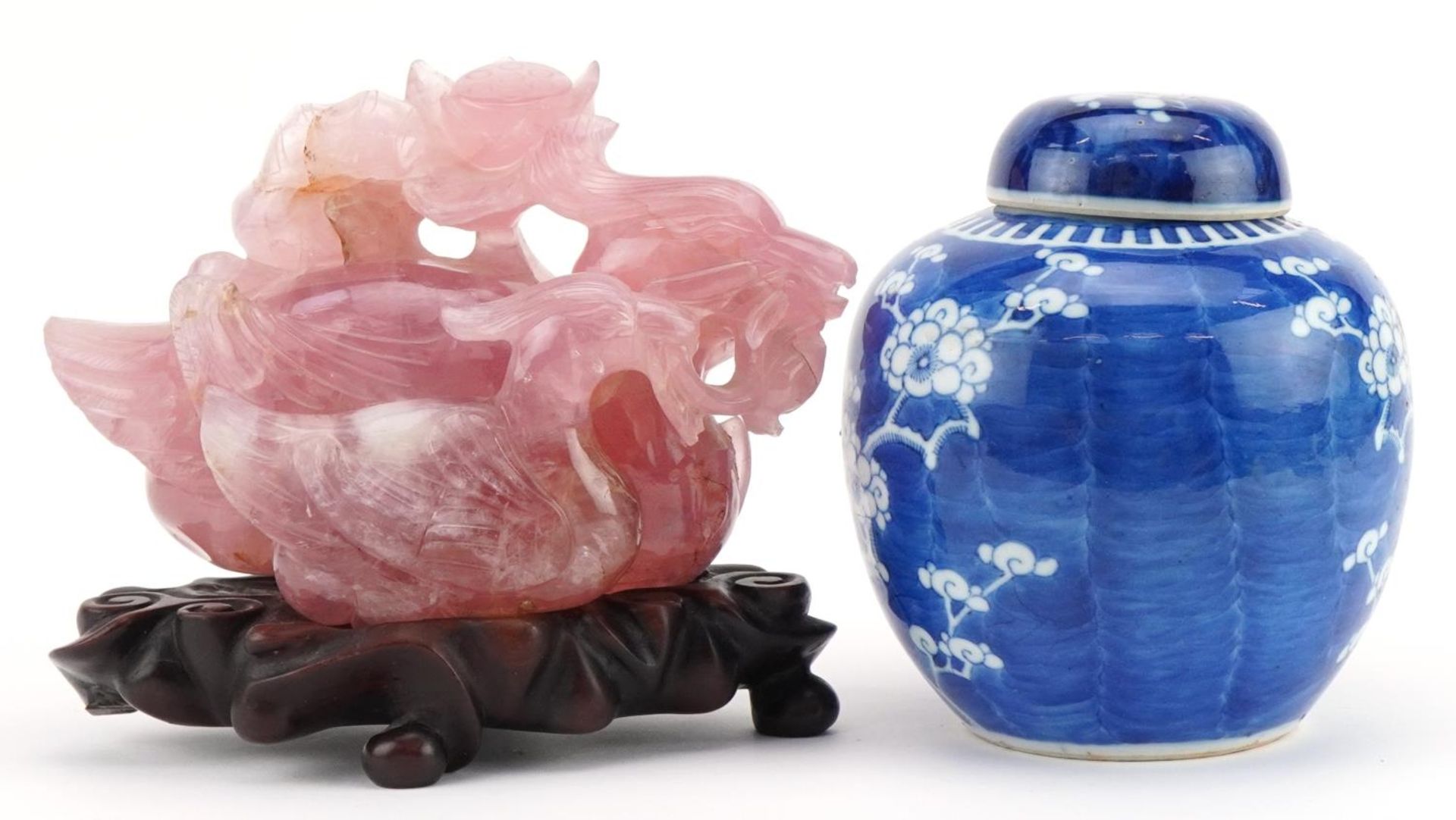 Chinese blue and white porcelain prunus pattern ginger jar and cover and a large pink jade/jadeite - Image 5 of 7