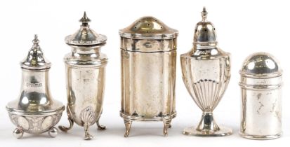 Five Edwardian and later silver casters including Walker & Hall, the largest 8.5cm high, total 178.