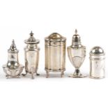 Five Edwardian and later silver casters including Walker & Hall, the largest 8.5cm high, total 178.
